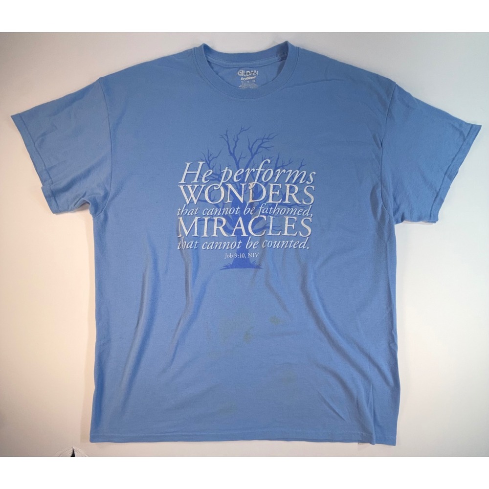 Gildan Miracles from Heaven Movie Promo T-Shirt Blue XL Job 9:10 Graphic Tee
